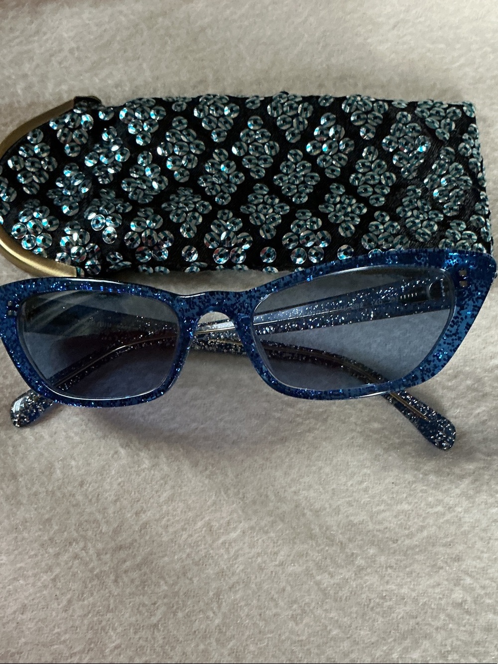 Miu Miu Blue Glitter Cat-Eye Sunglasses with Jeweled Case